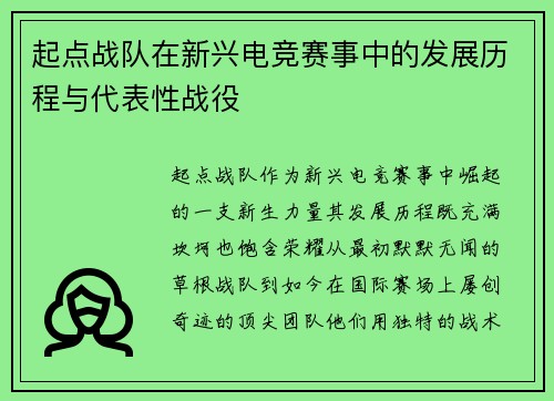 起点战队在新兴电竞赛事中的发展历程与代表性战役