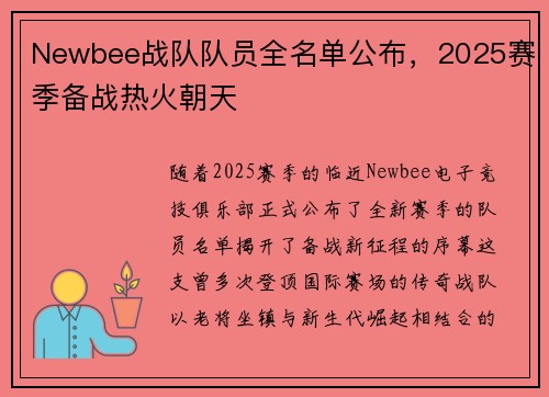 Newbee战队队员全名单公布，2025赛季备战热火朝天