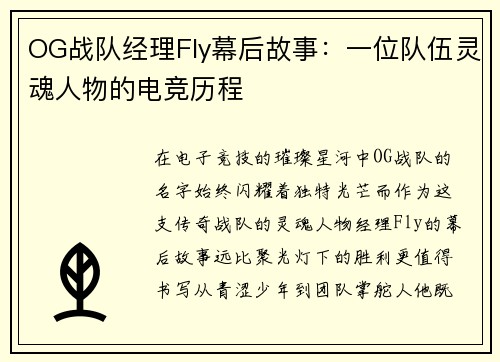 OG战队经理Fly幕后故事：一位队伍灵魂人物的电竞历程