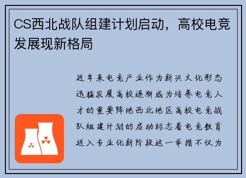 CS西北战队组建计划启动，高校电竞发展现新格局